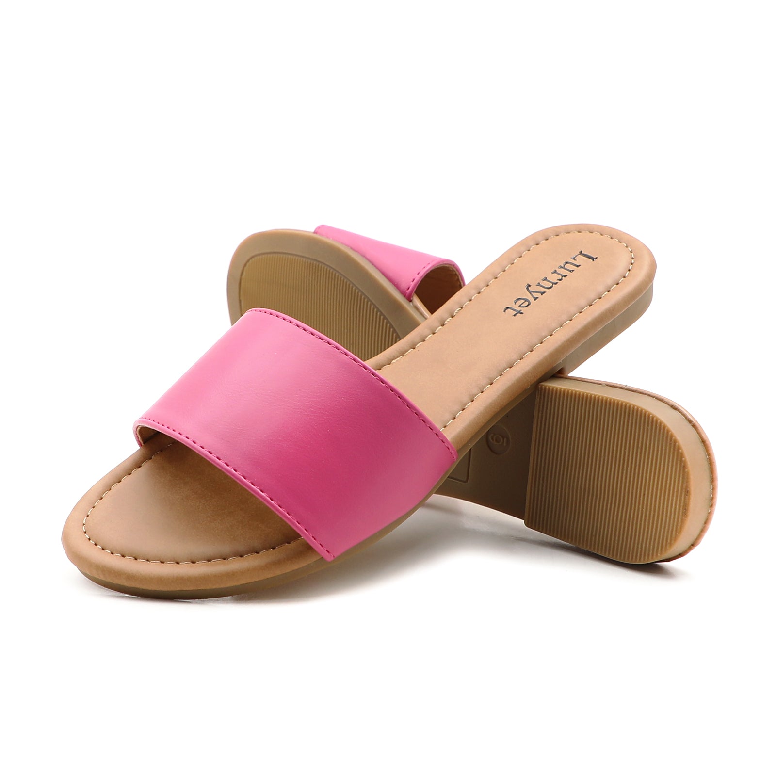 Lurnyet Women Classic Slide Sandals Faux Leather Tan Footbed Casual Flat Slip-On