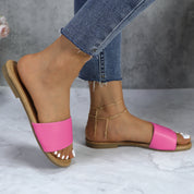 Lurnyet Women Classic Slide Sandals Faux Leather Tan Footbed Casual Flat Slip-On