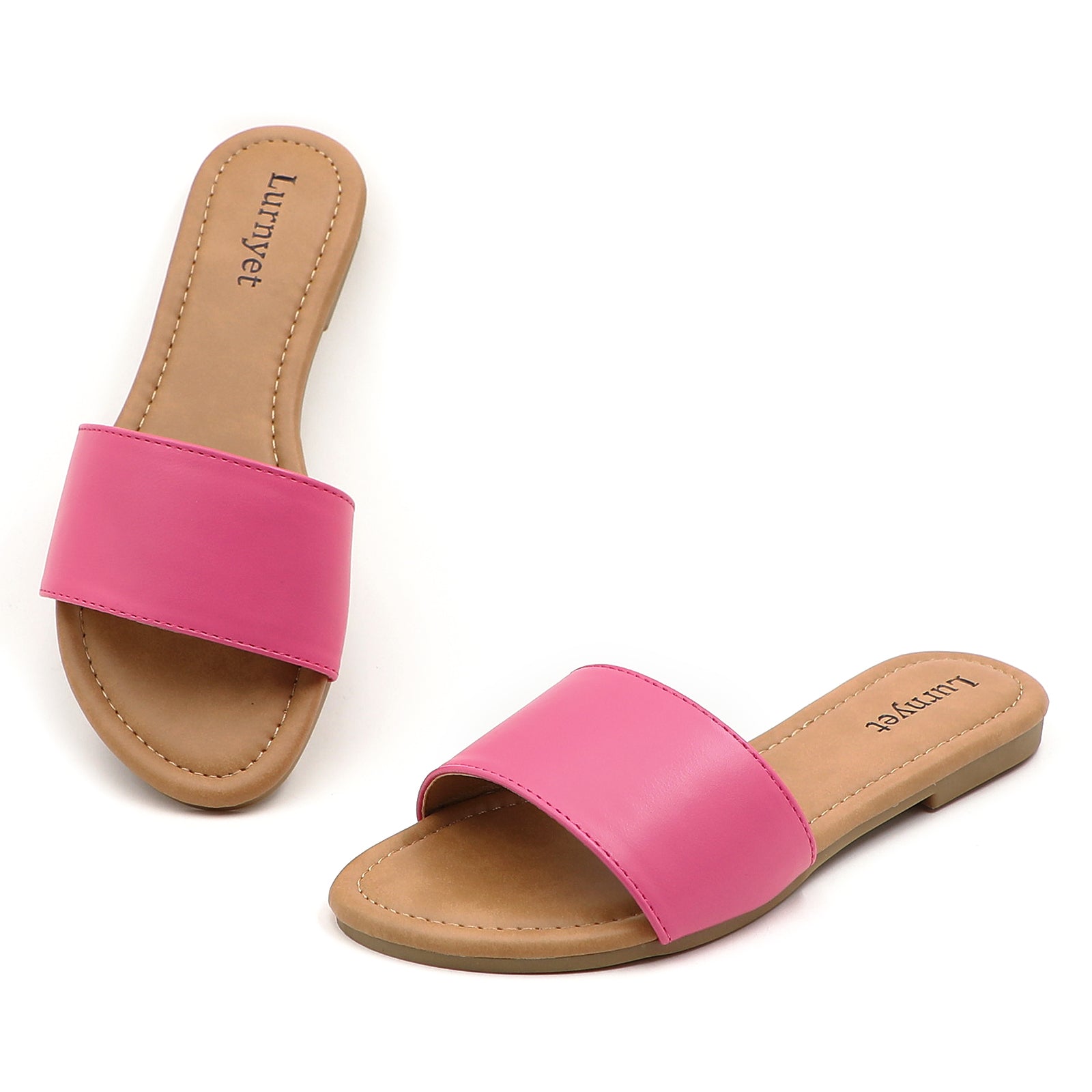 Lurnyet Women Classic Slide Sandals Faux Leather Tan Footbed Casual Flat Slip-On