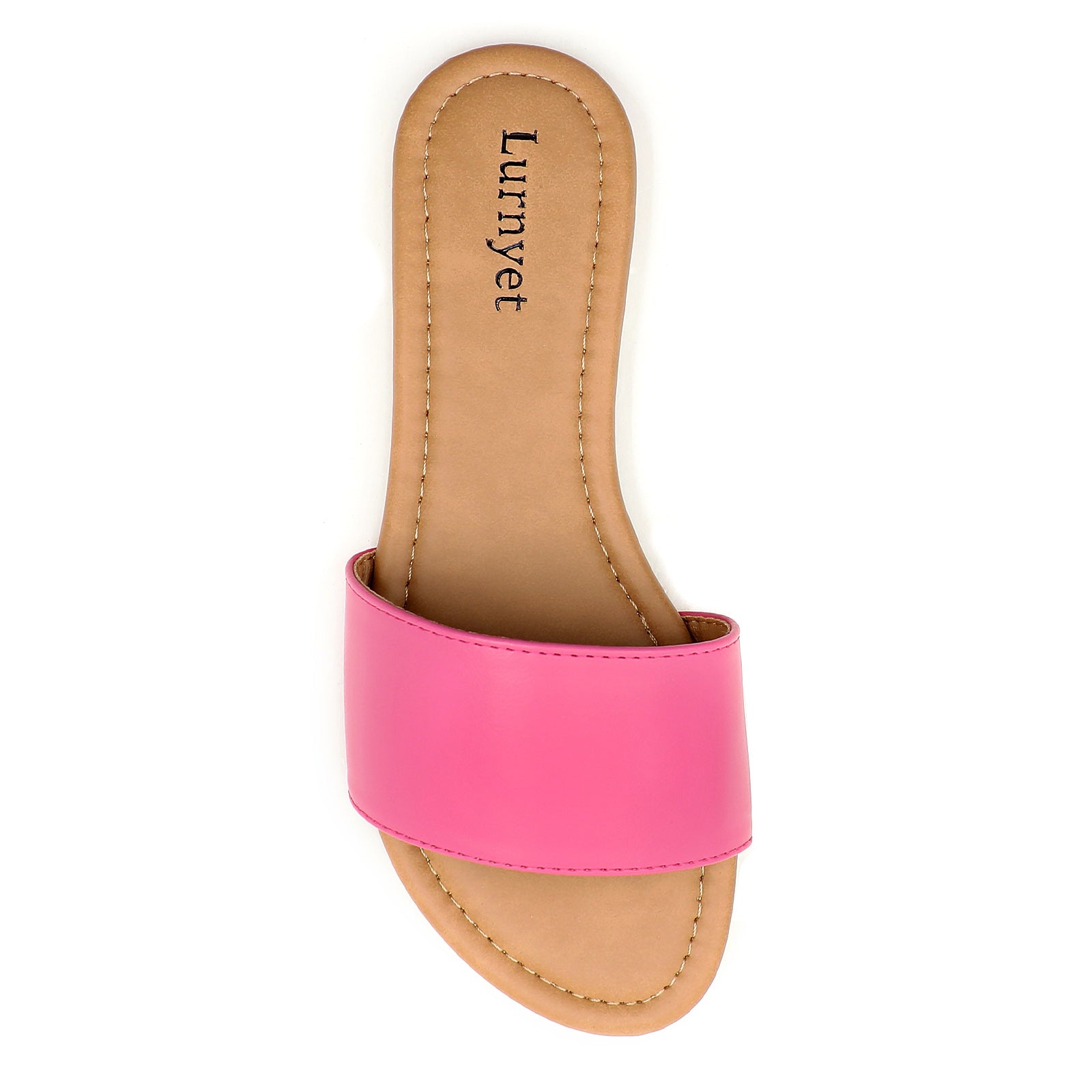 Lurnyet Women Classic Slide Sandals Faux Leather Tan Footbed Casual Flat Slip-On