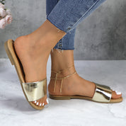 Lurnyet Women Classic Slide Sandals Faux Leather Tan Footbed Casual Flat Slip-On