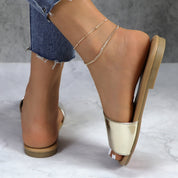 Lurnyet Women Classic Slide Sandals Faux Leather Tan Footbed Casual Flat Slip-On
