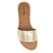 Lurnyet Women Classic Slide Sandals Faux Leather Tan Footbed Casual Flat Slip-On