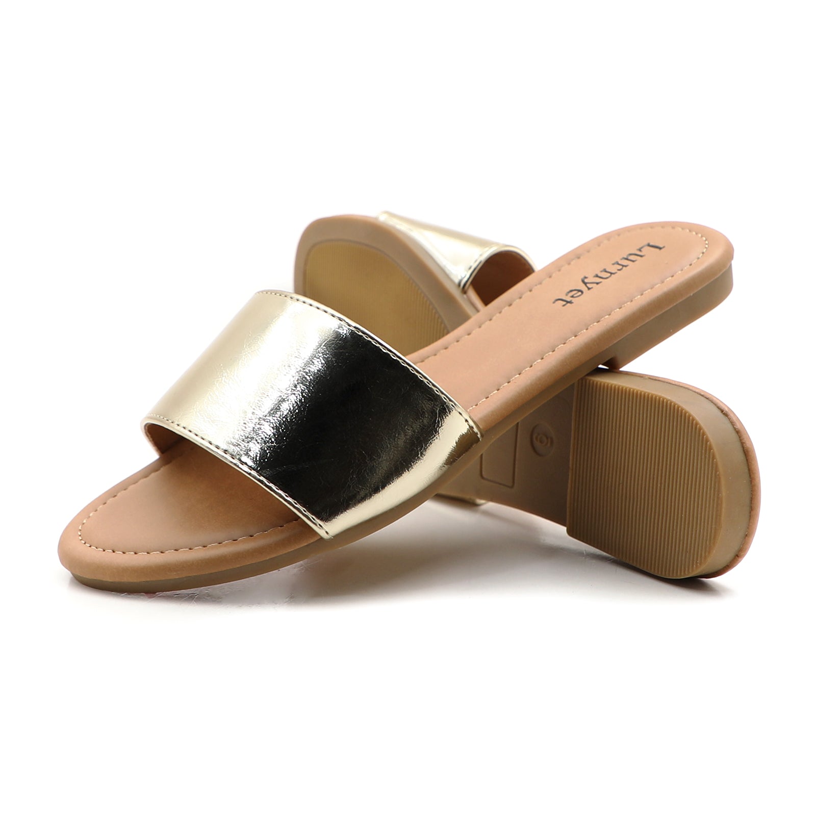 Lurnyet Women Classic Slide Sandals Faux Leather Tan Footbed Casual Flat Slip-On