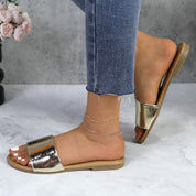 Lurnyet Women Classic Slide Sandals Faux Leather Tan Footbed Casual Flat Slip-On