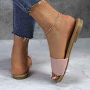 Lurnyet Women Classic Slide Sandals Faux Leather Tan Footbed Casual Flat Slip-On