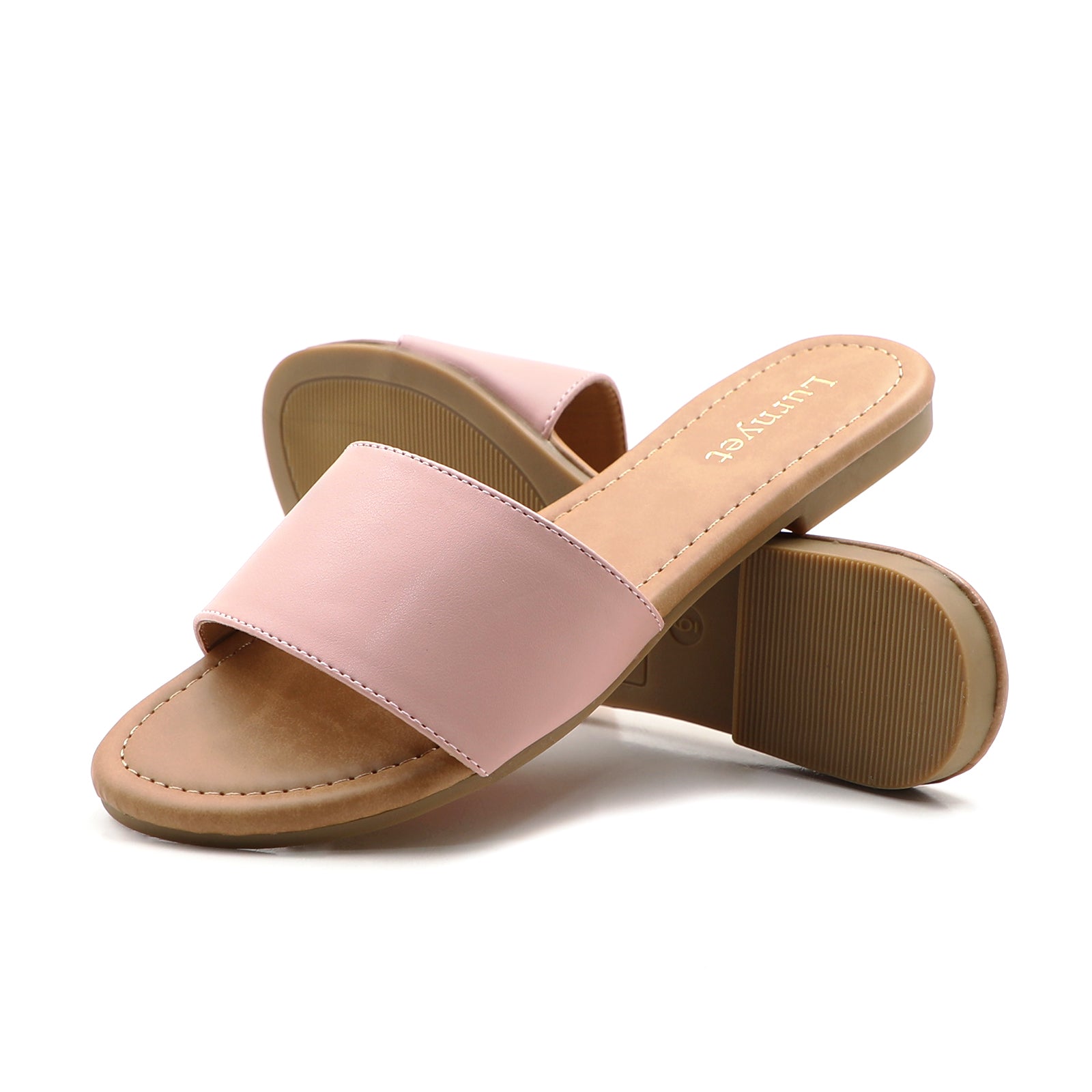 Lurnyet Women Classic Slide Sandals Faux Leather Tan Footbed Casual Flat Slip-On