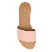 Lurnyet Women Classic Slide Sandals Faux Leather Tan Footbed Casual Flat Slip-On