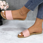 Lurnyet Women Classic Slide Sandals Faux Leather Tan Footbed Casual Flat Slip-On