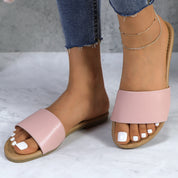 Lurnyet Women Classic Slide Sandals Faux Leather Tan Footbed Casual Flat Slip-On