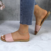Lurnyet Women Classic Slide Sandals Faux Leather Tan Footbed Casual Flat Slip-On