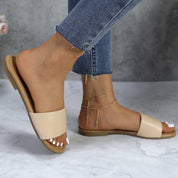 Lurnyet Women Classic Slide Sandals Faux Leather Tan Footbed Casual Flat Slip-On