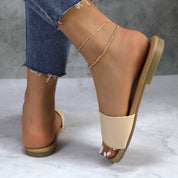 Lurnyet Women Classic Slide Sandals Faux Leather Tan Footbed Casual Flat Slip-On