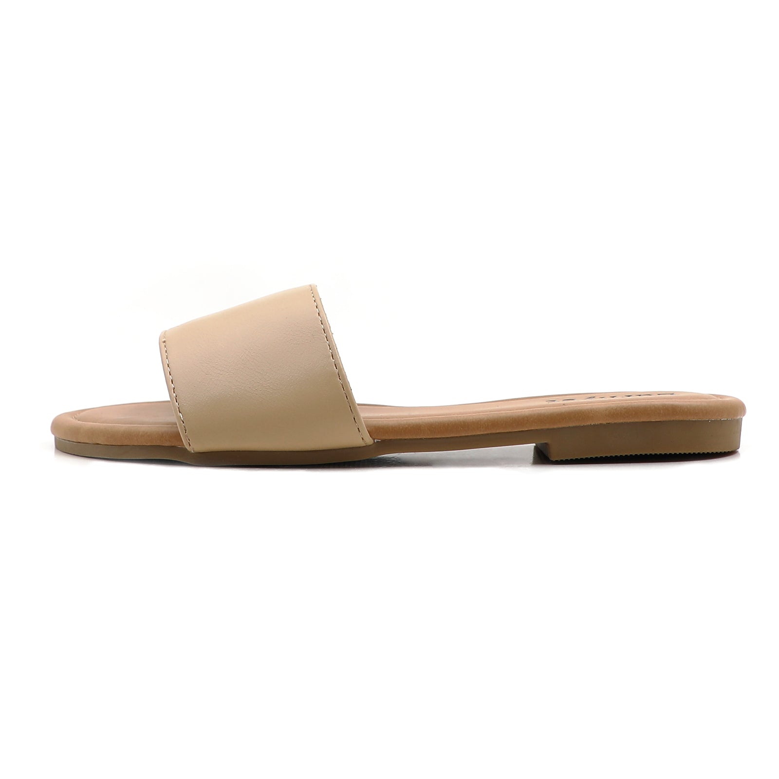 Lurnyet Women Classic Slide Sandals Faux Leather Tan Footbed Casual Flat Slip-On