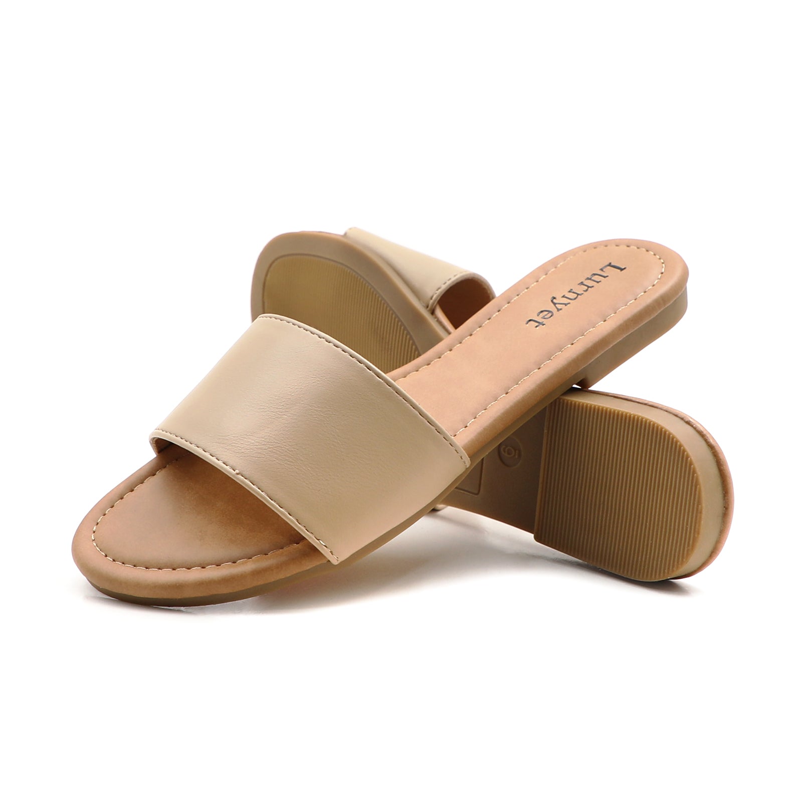 Lurnyet Women Classic Slide Sandals Faux Leather Tan Footbed Casual Flat Slip-On