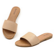 Lurnyet Women Classic Slide Sandals Faux Leather Tan Footbed Casual Flat Slip-On
