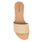 Lurnyet Women Classic Slide Sandals Faux Leather Tan Footbed Casual Flat Slip-On