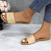 Lurnyet Women Classic Slide Sandals Faux Leather Tan Footbed Casual Flat Slip-On