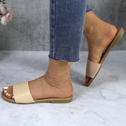 Lurnyet Women Classic Slide Sandals Faux Leather Tan Footbed Casual Flat Slip-On
