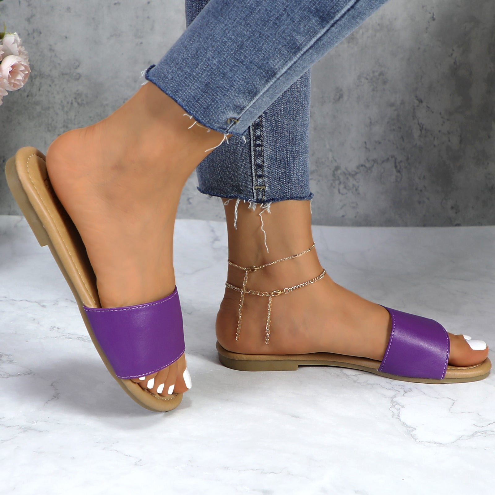 Lurnyet Women Classic Slide Sandals Faux Leather Tan Footbed Casual Flat Slip-On