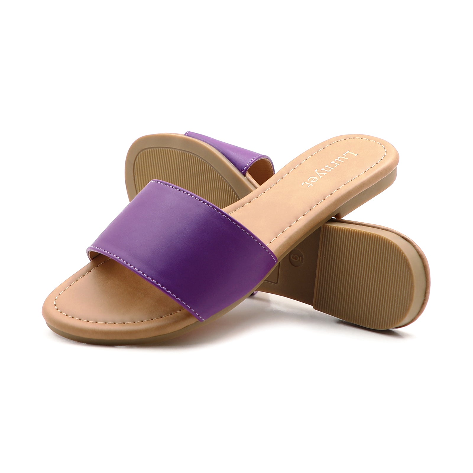 Lurnyet Women Classic Slide Sandals Faux Leather Tan Footbed Casual Flat Slip-On