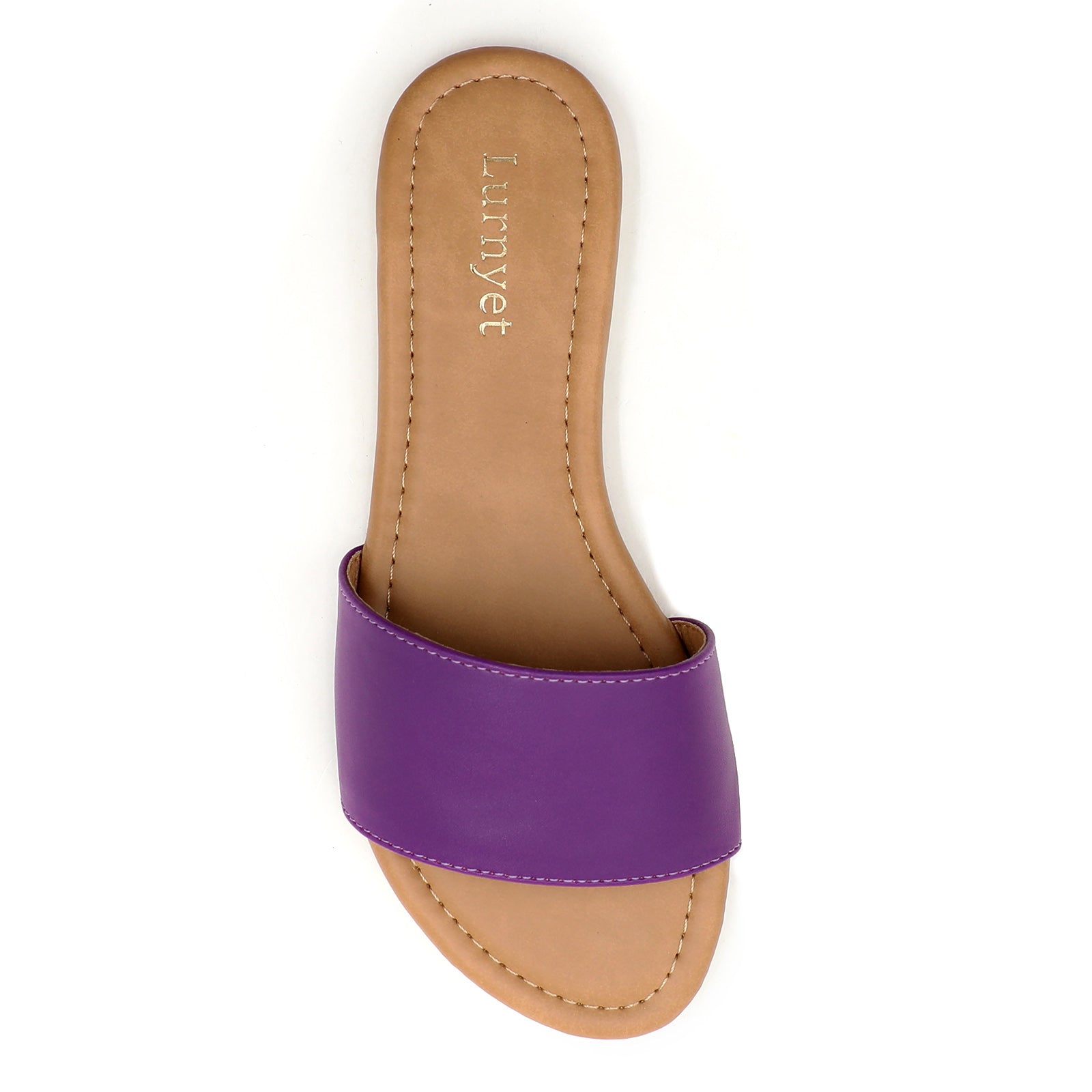 Lurnyet Women Classic Slide Sandals Faux Leather Tan Footbed Casual Flat Slip-On