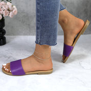 Lurnyet Women Classic Slide Sandals Faux Leather Tan Footbed Casual Flat Slip-On