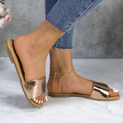 Lurnyet Women Classic Slide Sandals Faux Leather Tan Footbed Casual Flat Slip-On