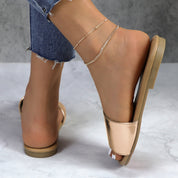 Lurnyet Women Classic Slide Sandals Faux Leather Tan Footbed Casual Flat Slip-On