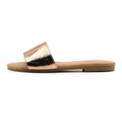 Lurnyet Women Classic Slide Sandals Faux Leather Tan Footbed Casual Flat Slip-On