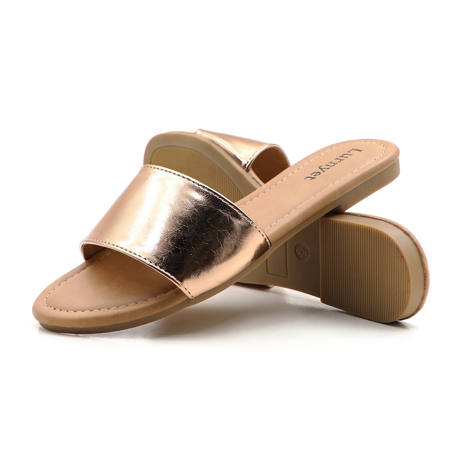 Lurnyet Women Classic Slide Sandals Faux Leather Tan Footbed Casual Flat Slip-On