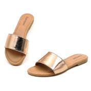 Lurnyet Women Classic Slide Sandals Faux Leather Tan Footbed Casual Flat Slip-On