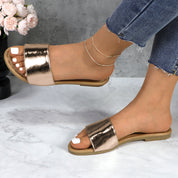 Lurnyet Women Classic Slide Sandals Faux Leather Tan Footbed Casual Flat Slip-On