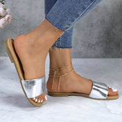 Lurnyet Women Classic Slide Sandals Faux Leather Tan Footbed Casual Flat Slip-On