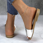Lurnyet Women Classic Slide Sandals Faux Leather Tan Footbed Casual Flat Slip-On
