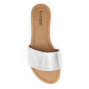Lurnyet Women Classic Slide Sandals Faux Leather Tan Footbed Casual Flat Slip-On
