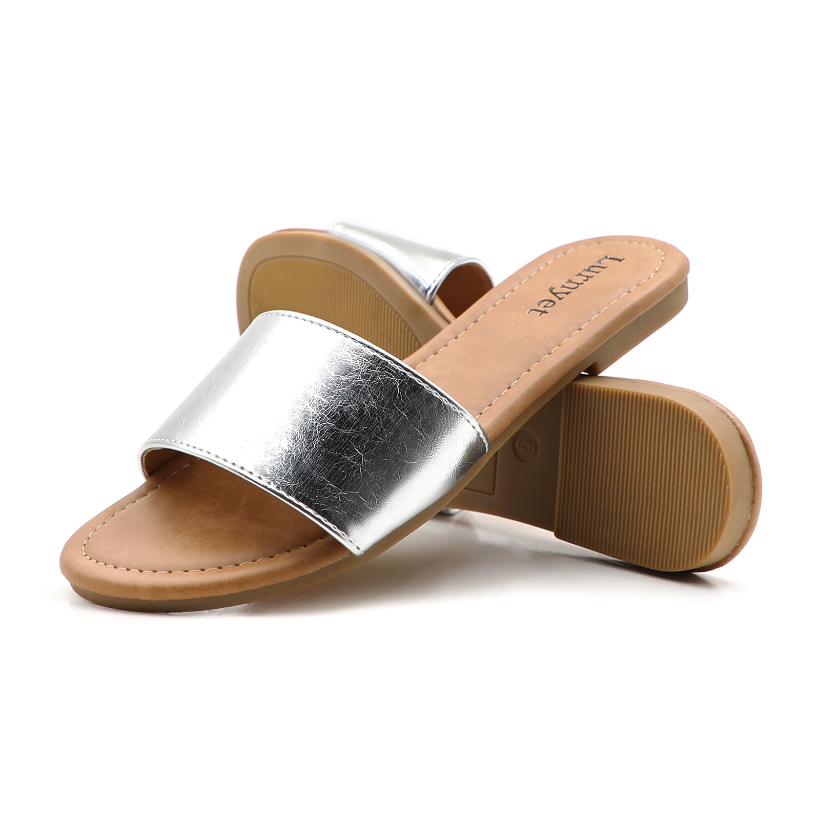 Lurnyet Women Classic Slide Sandals Faux Leather Tan Footbed Casual Flat Slip-On