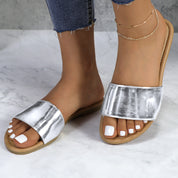 Lurnyet Women Classic Slide Sandals Faux Leather Tan Footbed Casual Flat Slip-On