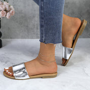 Lurnyet Women Classic Slide Sandals Faux Leather Tan Footbed Casual Flat Slip-On