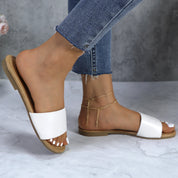Lurnyet Women Classic Slide Sandals Faux Leather Tan Footbed Casual Flat Slip-On