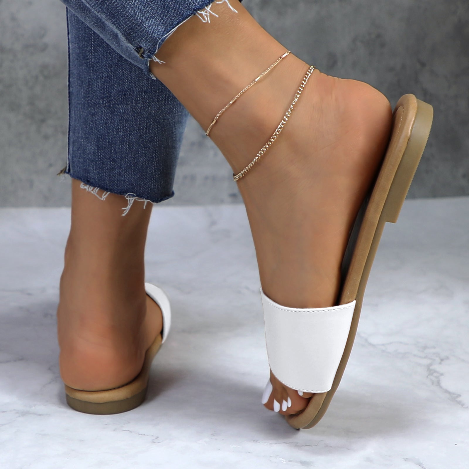 Lurnyet Women Classic Slide Sandals Faux Leather Tan Footbed Casual Flat Slip-On