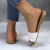 Lurnyet Women Classic Slide Sandals Faux Leather Tan Footbed Casual Flat Slip-On