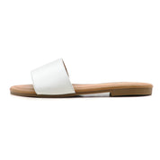 Lurnyet Women Classic Slide Sandals Faux Leather Tan Footbed Casual Flat Slip-On