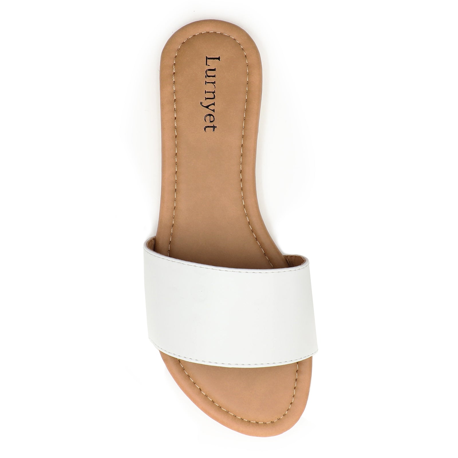 Lurnyet Women Classic Slide Sandals Faux Leather Tan Footbed Casual Flat Slip-On