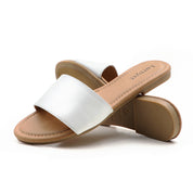 Lurnyet Women Classic Slide Sandals Faux Leather Tan Footbed Casual Flat Slip-On