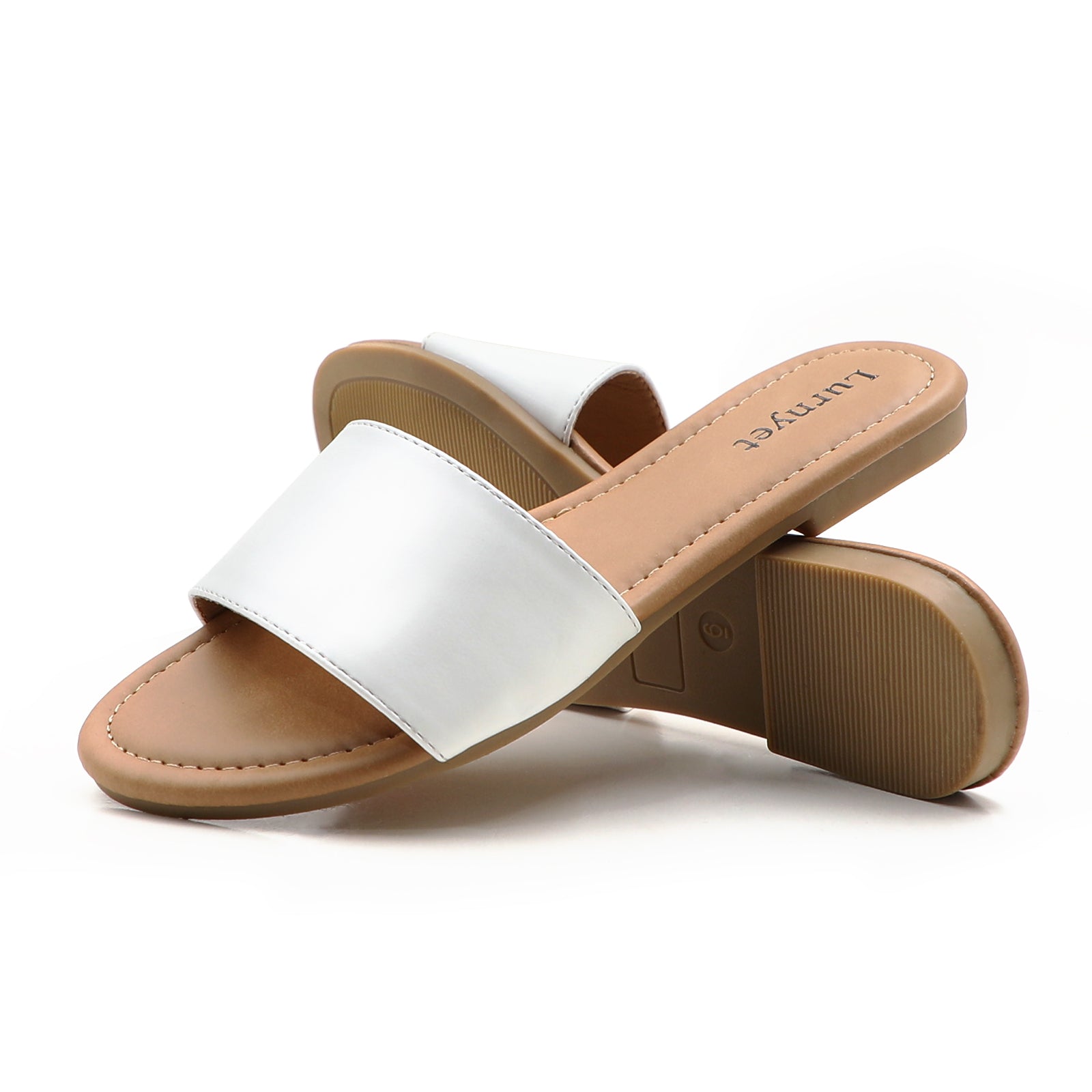 Lurnyet Women Classic Slide Sandals Faux Leather Tan Footbed Casual Flat Slip-On