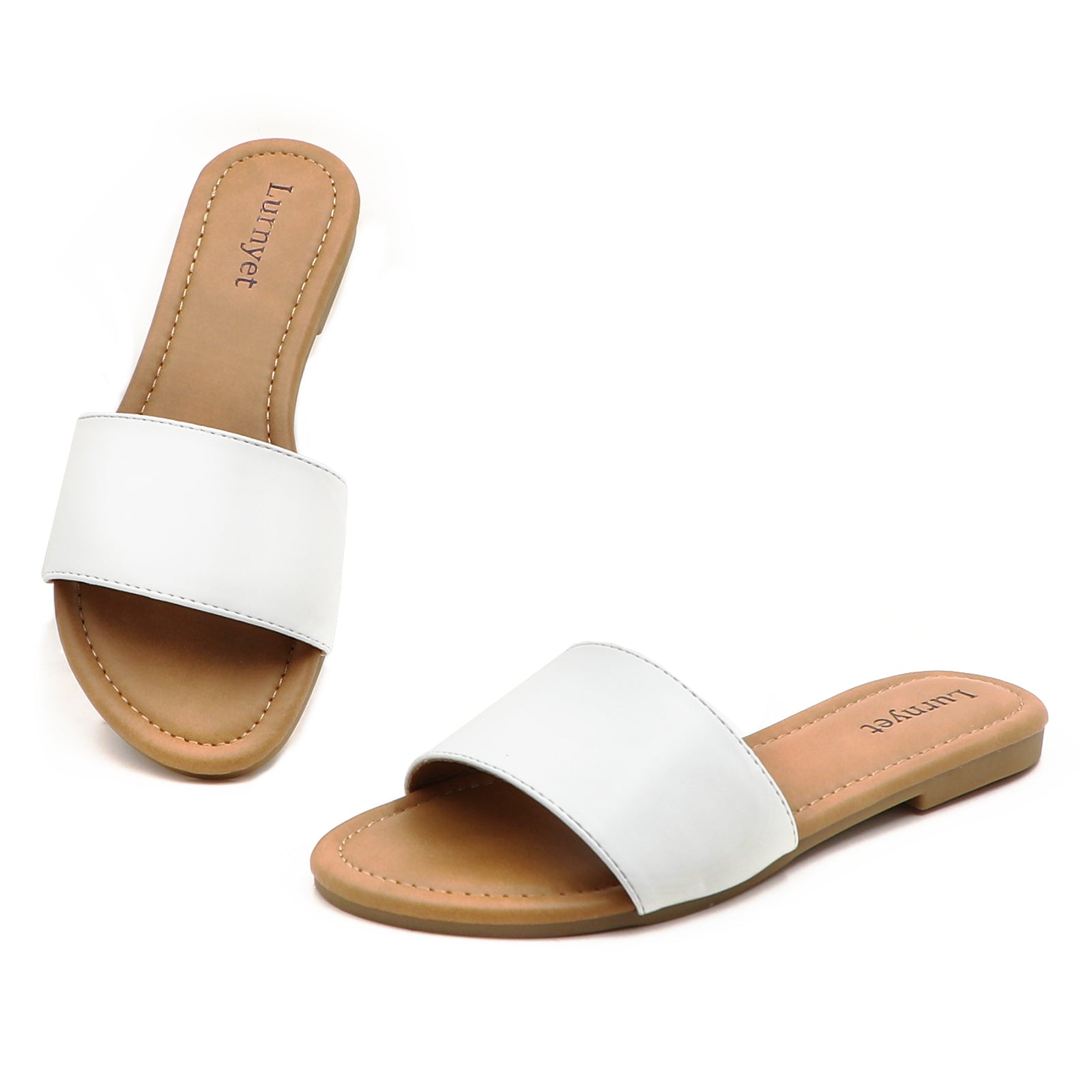 Lurnyet Women Classic Slide Sandals Faux Leather Tan Footbed Casual Flat Slip-On