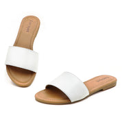 Lurnyet Women Classic Slide Sandals Faux Leather Tan Footbed Casual Flat Slip-On