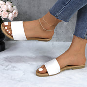 Lurnyet Women Classic Slide Sandals Faux Leather Tan Footbed Casual Flat Slip-On