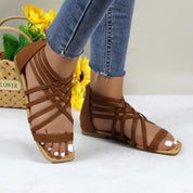 Women Roman Gladiator Muliti Straped Back Zip Design Flat Heel Sandals